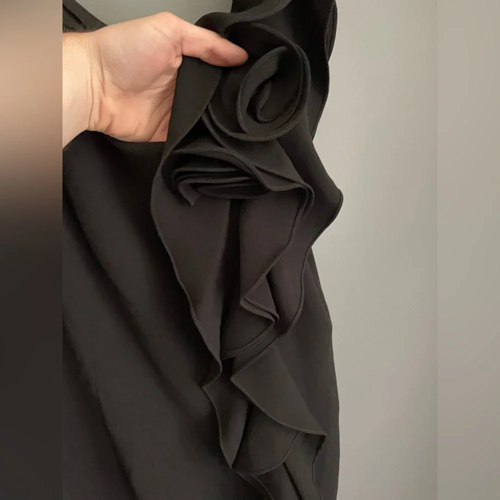 Rickie Freeman for Teri Jon Black Swirled Ruffled Sheath Dress Size 8 - Picture 5 of 6